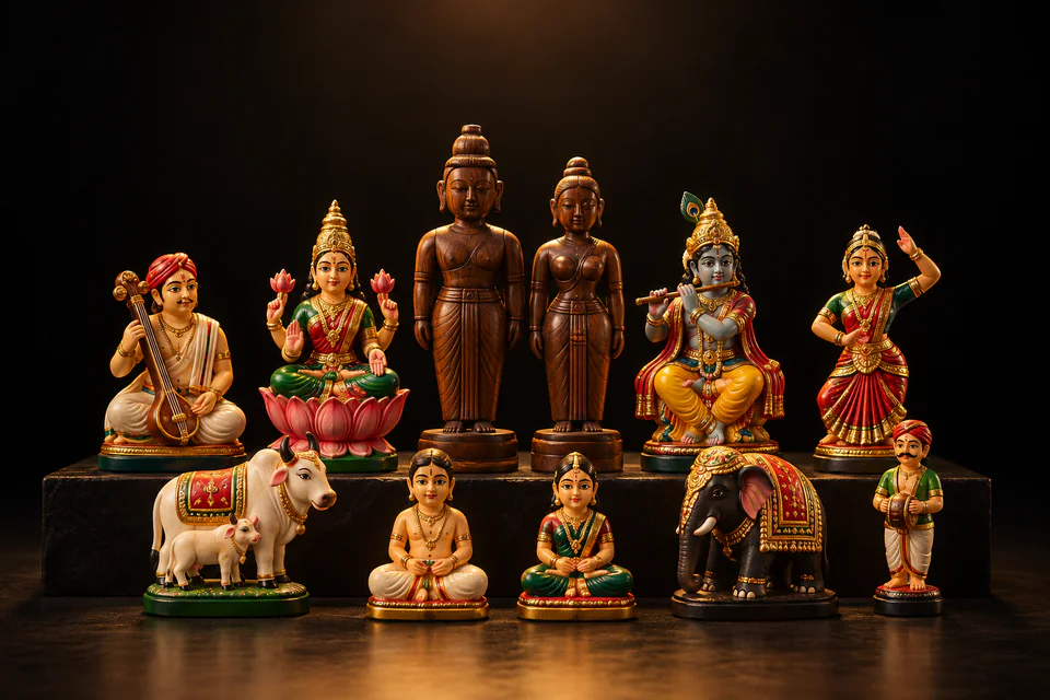 Wooden marapachi, golu sets and soft dolls.