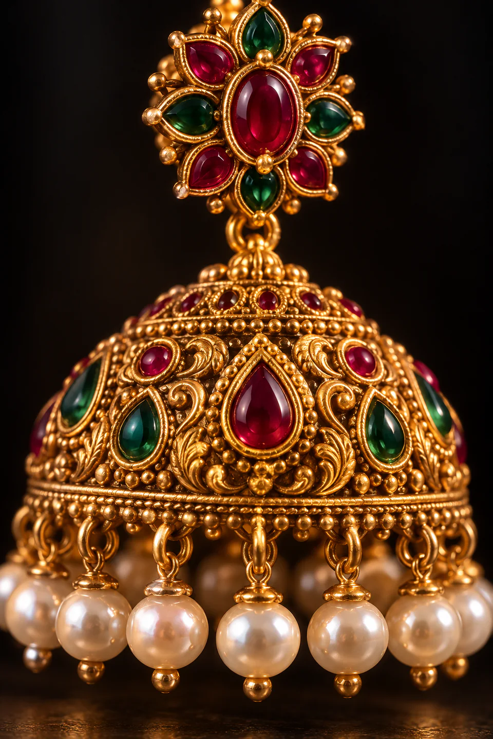 Close-up of a kemp stone jhumka: red stones, carved gold dome and pearl drops