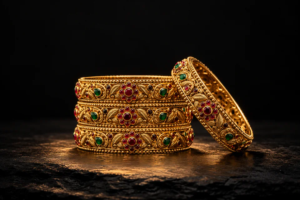 A stack of antique kemp bangles glowing under a spotlight