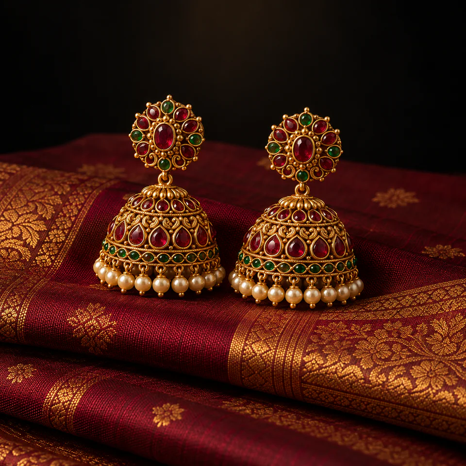 Kemp jhumkas resting on maroon Kanchipuram silk