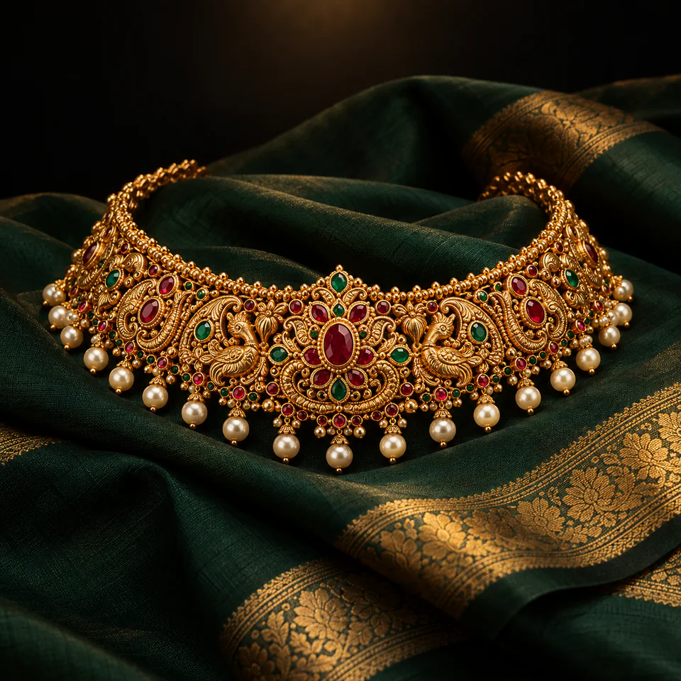A choker draped over a green silk saree border