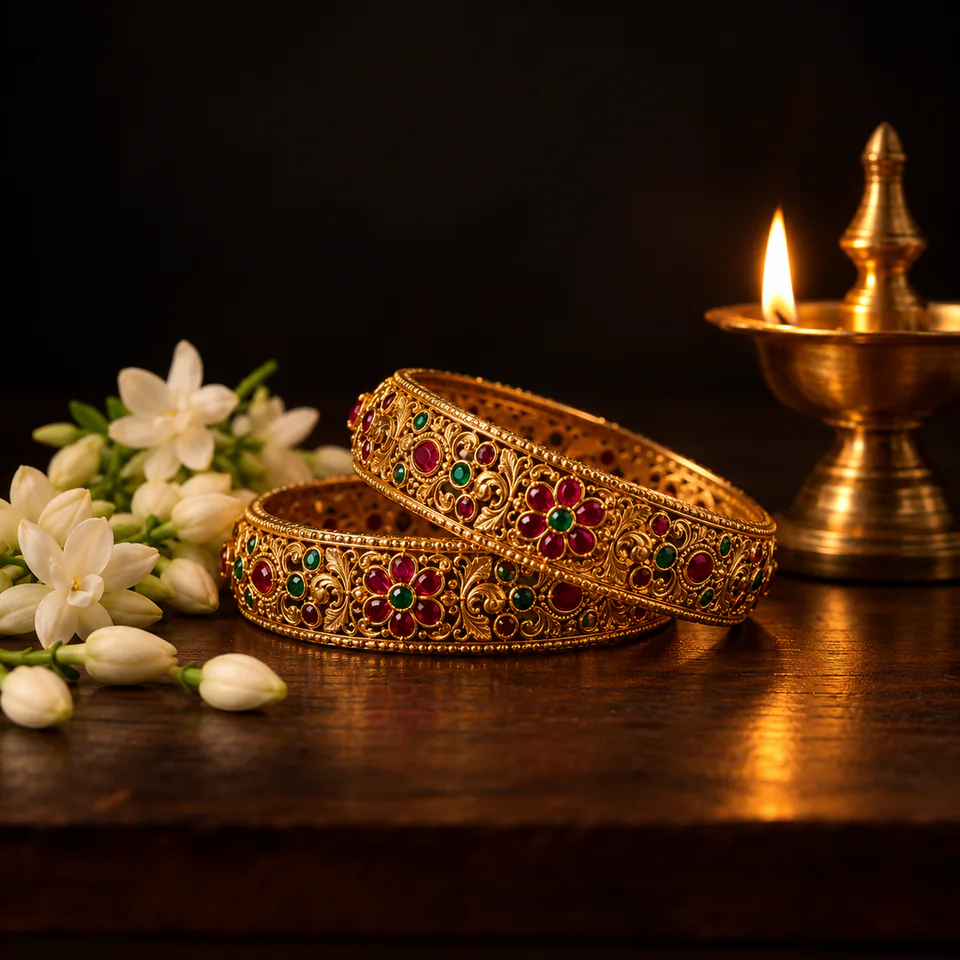 Gold bangles beside jasmine and a brass lamp