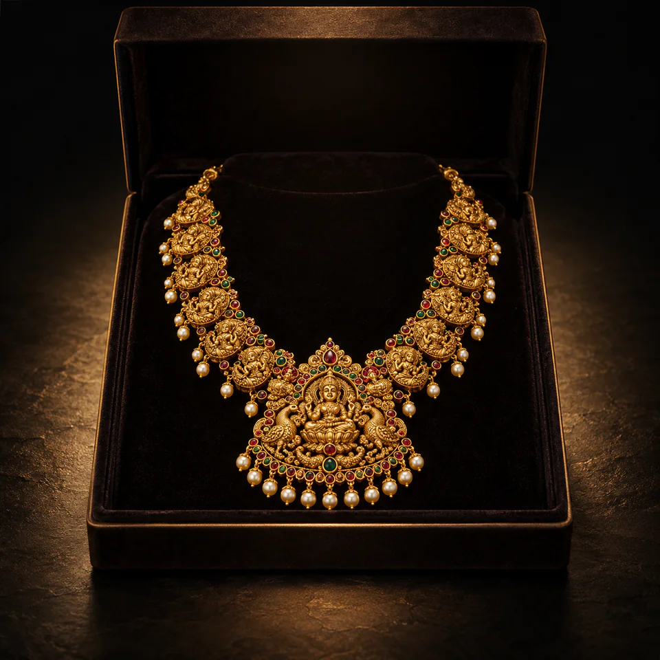 A temple necklace in an open velvet box