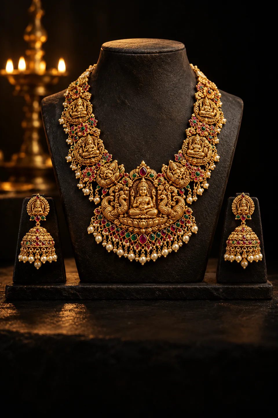 Temple bridal necklace and jhumkas on a dark stand, a brass lamp glowing behind