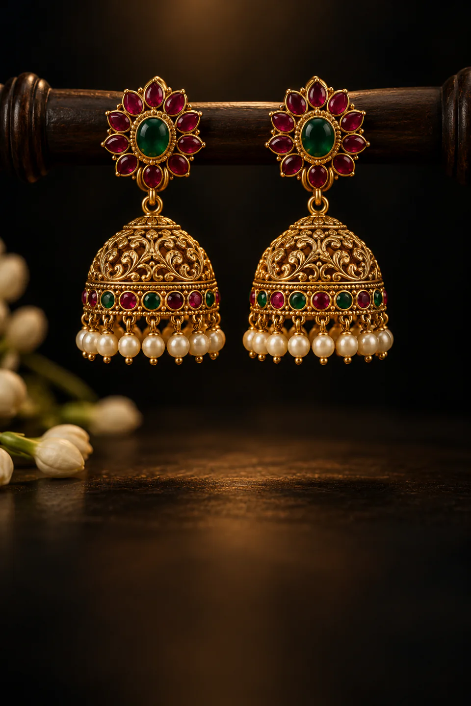 Kemp jhumkas hanging from a wooden bar with jasmine in front